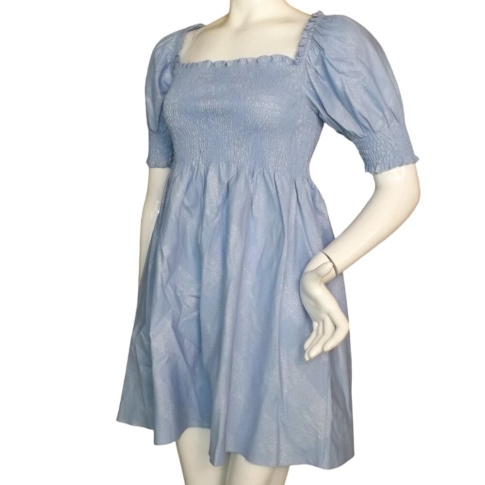 HILL HOUSE Mini Dress, S, Athena Nap, Powder Blue/Silver check, Smocking A-line - Picture 5 of 13